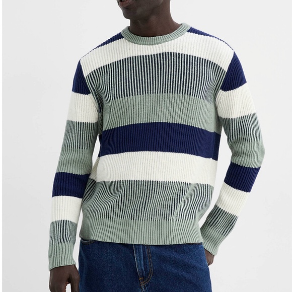 Frank and Oak green, navy and white stripes organic cotton ribbed sweater NWT - Picture 1 of 9